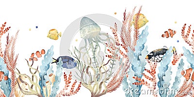 Watercolor horizontal seamless border, colorful illustration of sea underwater plants, fish, seaweeds, ocean coral reef Cartoon Illustration