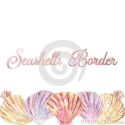 Watercolor horizontal shell border. Perfect for business cards or social media posts Stock Photo