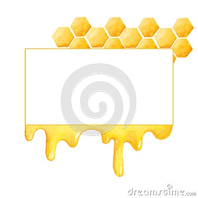 Watercolor horizontal yellow frame with drops honey, honeycombs. White background. Hand painting. Perfectly for printing Stock Photo