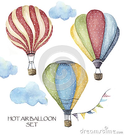 Watercolor hot air balloon polka dot set. Hand drawn vintage air balloons with flags garlands, clouds and retro design. Stock Photo