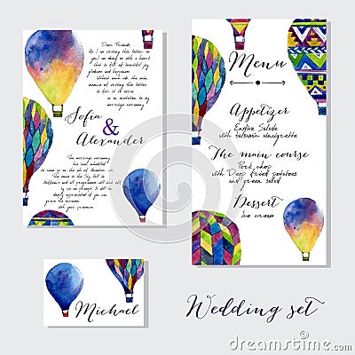 Watercolor hot air balloon on wedding invitation Vector Illustration