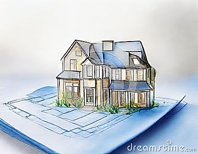 Watercolor of house atop blueprint Stock Photo
