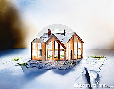 Watercolor of house atop blueprint Stock Photo