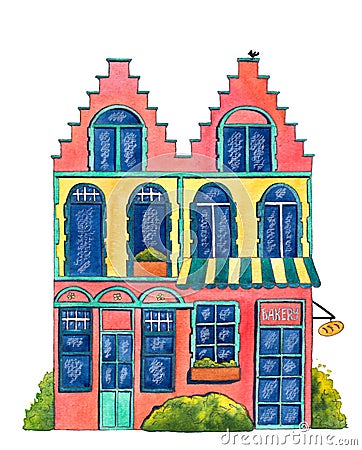 Watercolor house `Bakery` Cartoon Illustration