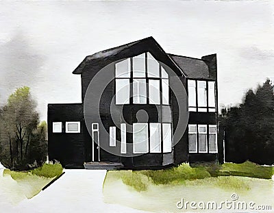 Watercolor of house with dramatic black metal exterior and white created with Stock Photo