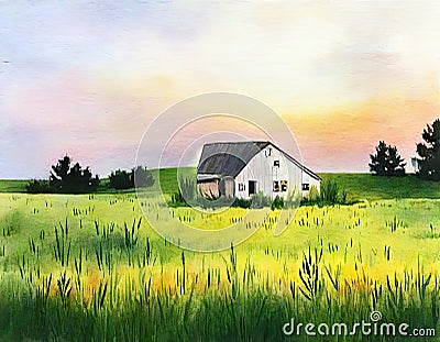 Watercolor of a house in a field Stock Photo