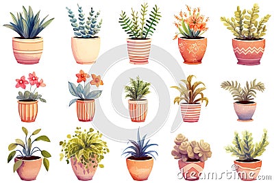Watercolor Houseplants Set Collection. Stock Photo