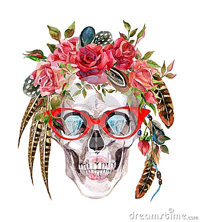 Watercolor human skull in trendy glasses and wreath with flowers and feathers wrapping head Cartoon Illustration
