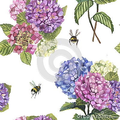 Watercolor hydragenia seamless pattern and branch and bumblebees Cartoon Illustration