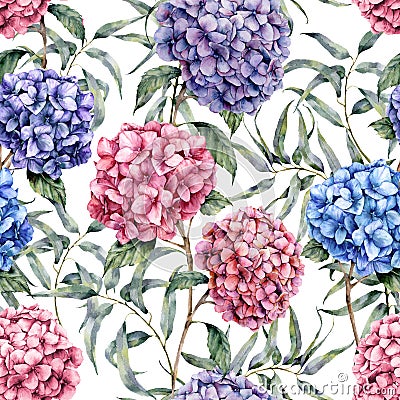 Watercolor hydrangea and eucalyptus pattern. Hand painted blue, violet, pink flowers with eucalyptus leaves and branch Cartoon Illustration