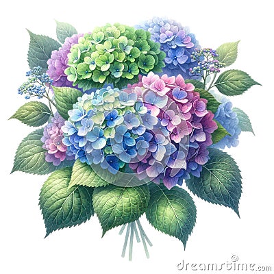 watercolor of Hydrangea flower bouquet and greenery leaves clipa Stock Photo