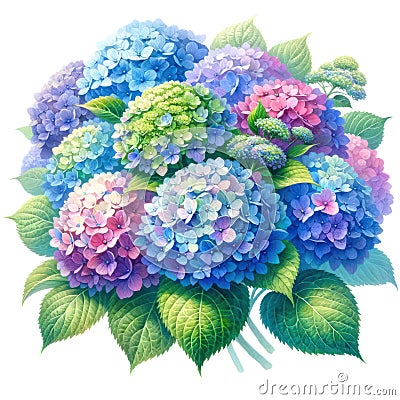 watercolor of Hydrangea flower bouquet and greenery leaves clipa Stock Photo