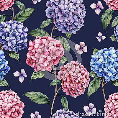 Watercolor hydrangea pattern. Hand painted blue, violet, pink flowers with leaves and branch isolated on dark blue Cartoon Illustration