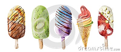 Watercolor ice cream hand drawn illustration set Vector Illustration