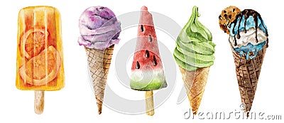 Watercolor ice cream hand drawn illustration set Vector Illustration