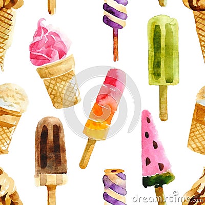 Watercolor ice cream seamless Vector Illustration