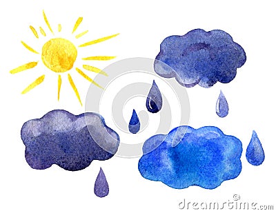 Watercolor icons set sun, clouds, raindrops, isolated Stock Photo