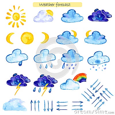 Watercolor icons weather forecast Vector Illustration