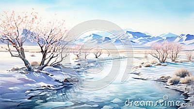 Watercolor Icy: Anime-inspired Winter Landscape With Mountains Cartoon Illustration