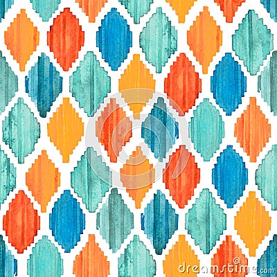 Watercolor ikat seamless pattern. Vibrant ethnic rhombus pattern. Stock Photo