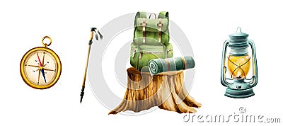 Watercolor illlustrations with camping backpack, hiking pole, gold vintage marine compass, and oil kerosene lantern Stock Photo