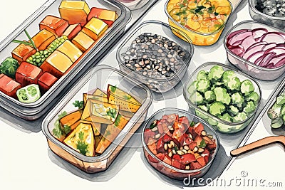 watercolor-illustrated vegan meal components in containers, vibrant vegetables to hearty legumes Stock Photo