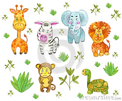 watercolor illustration african animals elephant, giraffe, monkey, turtle, zebra, lion children's Cartoon Illustration