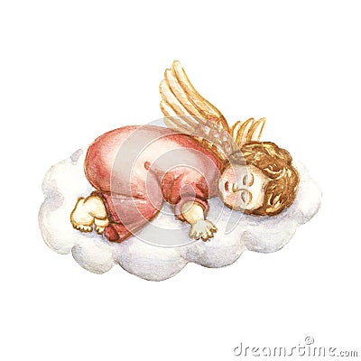 Watercolor illustration. Angel is sleeping on a cloud Cartoon Illustration