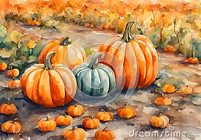 Watercolor illustration of autumm pumpkin harvest and leaves on the ground. Cartoon Illustration