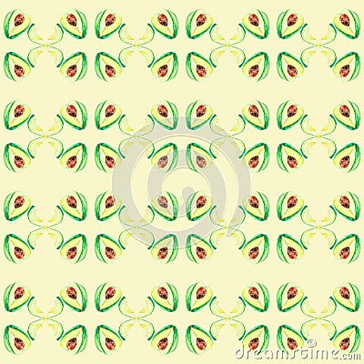 Watercolor illustration avocado whole and slice isolated on yellow background. Hand painting on paper.Seamless pattern Cartoon Illustration