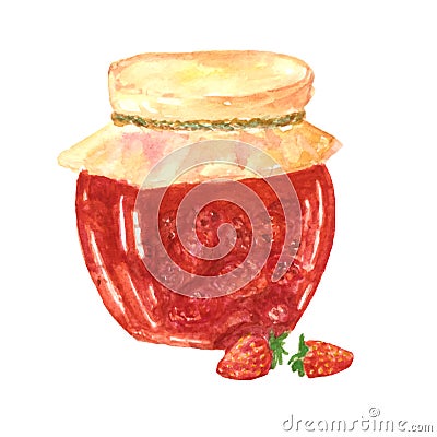 Watercolor illustration of a bank of strawberry jam Cartoon Illustration