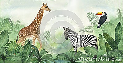 Watercolor illustration banner, frame or template composition of tropical leaves, giraffe, zebra and bird toucan Cartoon Illustration