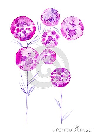 Watercolor illustration with beautiful abstract dandelions flowers. Isolated on white background Cartoon Illustration