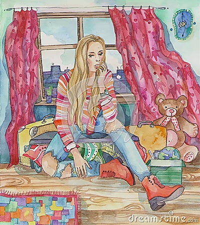 Watercolor illustration of a beautiful blonde big girl in ripped jeans in a small room with children`s toys. Creative concept of Cartoon Illustration