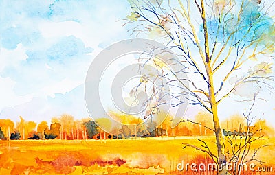 Watercolor illustration of a beautiful bright fall forest landscape Cartoon Illustration