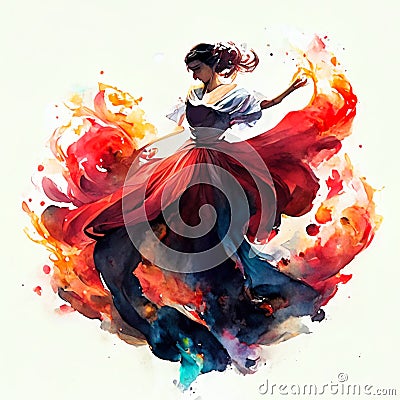 Watercolor illustration of a beautiful girl dancing flamenco. Hand drawn watercolor illustration. AI generated Cartoon Illustration