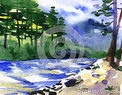 Watercolor illustration of beautiful river Cartoon Illustration