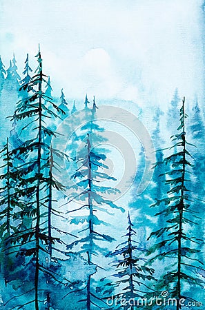 Watercolor illustration of a beautiful Russian forest at sunset Cartoon Illustration