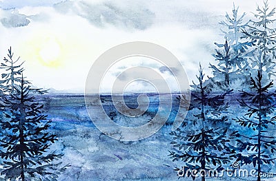 Watercolor illustration of a beautiful Russian forest at sunset Cartoon Illustration