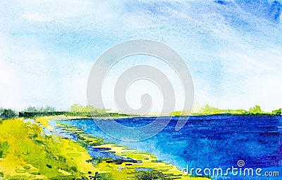 Watercolor illustration of a beautiful summer forest landscape by the lake Cartoon Illustration