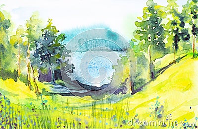 Watercolor illustration of a beautiful summer forest landscape by the lake Cartoon Illustration