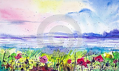 Watercolor illustration of a beautiful sunset on the background of a poppy field on the lake Cartoon Illustration