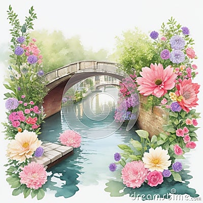 Watercolor illustration beautiful sweet canal bridges with beautiful flowers, colorful flower gardens, violet Cartoon Illustration