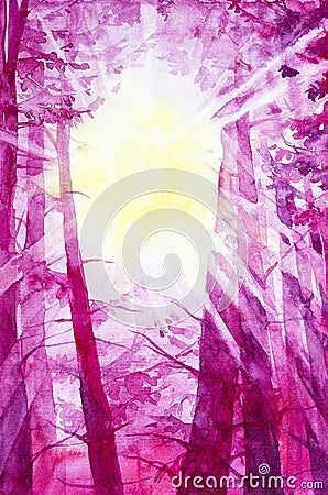 Watercolor illustration of a beautiful winter Russian forest in the sun Cartoon Illustration