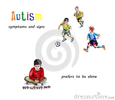 Watercolor illustration of the behavior of children with autism. preference to remain alone, illogical behavior.World autism Cartoon Illustration