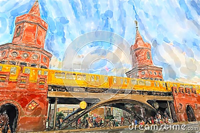 Watercolor illustration of Berlin with its Oberbaum bridge and subway passing by Cartoon Illustration