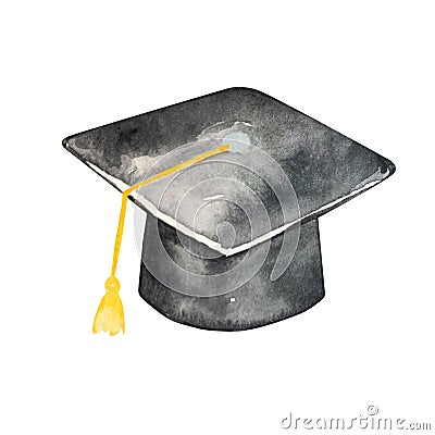 Watercolor illustration black graduate hat Cartoon Illustration