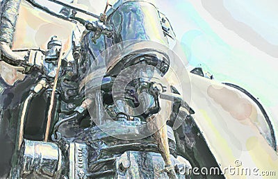 Black hydraulic brake cylinder of a historic locomotive Cartoon Illustration