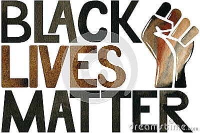 Watercolor illustration of Black lives matter BLM protest activism logo. A raised hand and slogan. Cartoon Illustration