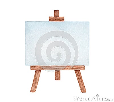 Watercolor illustration of blank artist canvas and brown wooden easel. Stock Photo